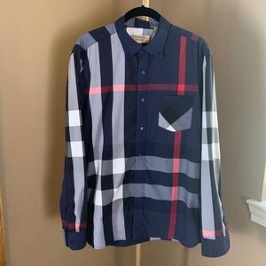 Burberry London Men’s Large Navy Plaid Button-Down Shirt Designer Check